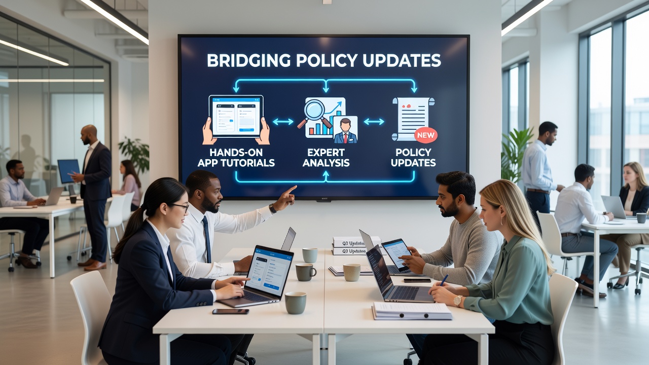 Screenshot of an app tutorial interface demonstrating policy-compliant code alongside expert commentary panels